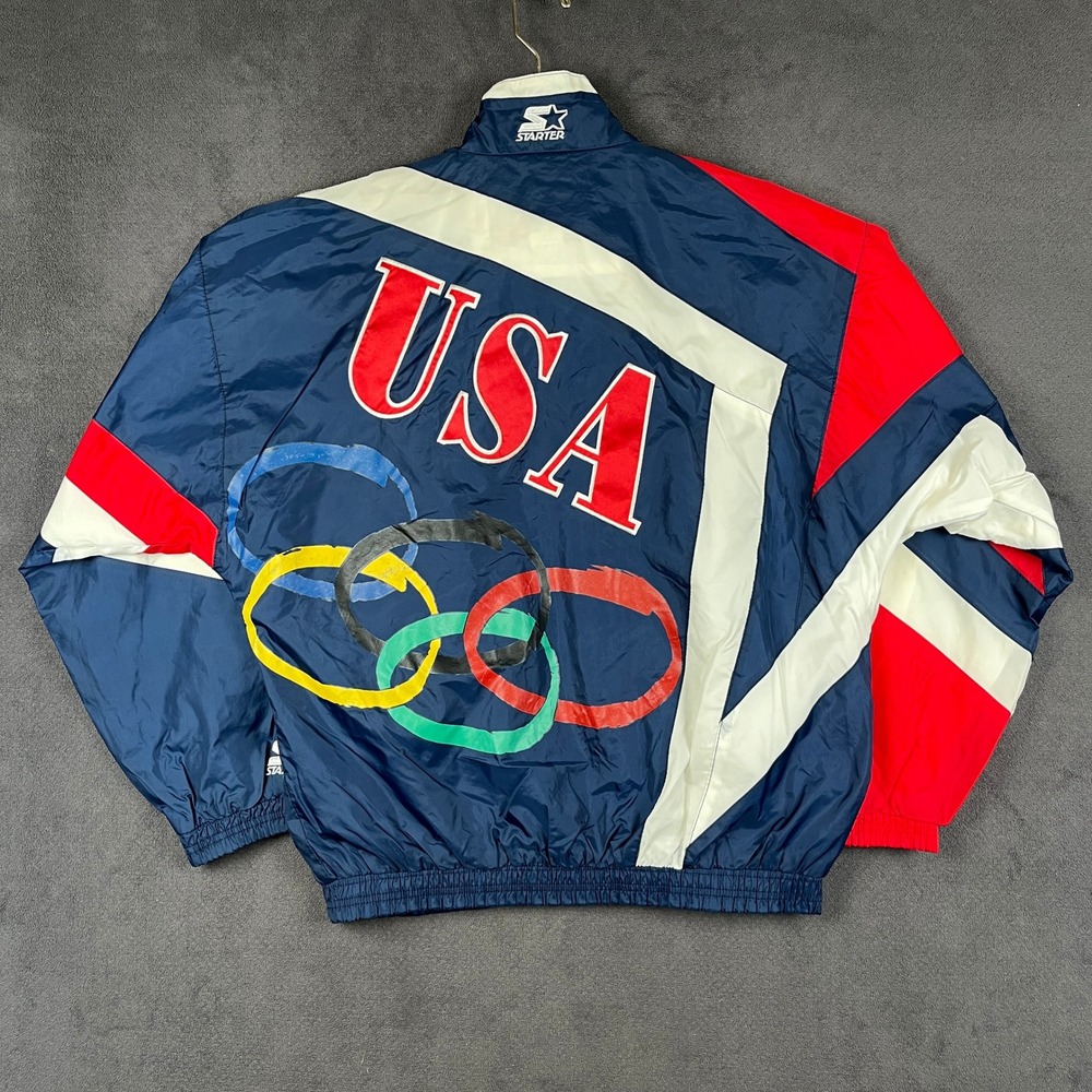 Vintage Team USA Starter Jacket Mens Medium Navy Red Olympics 90s Windbreaker